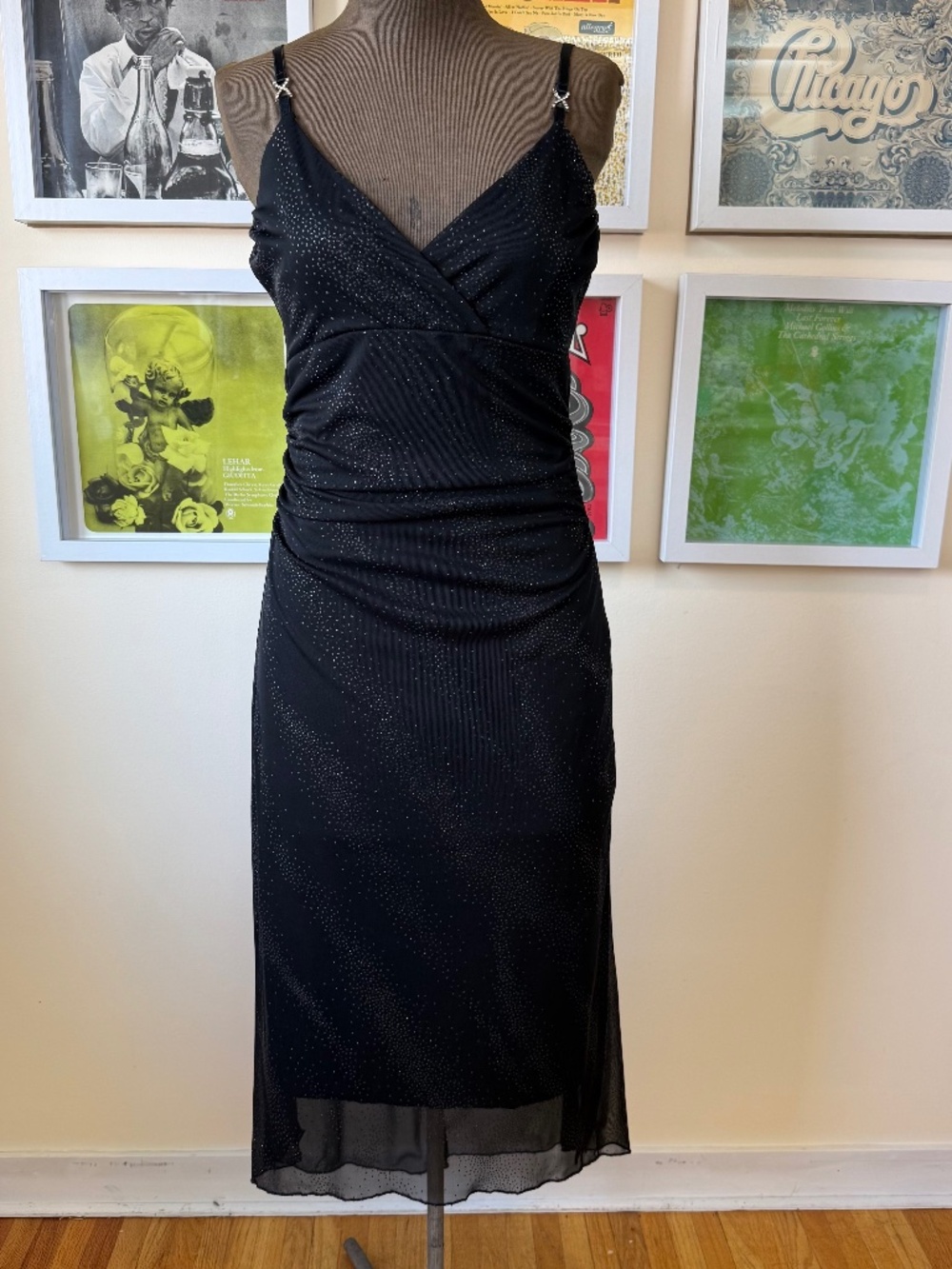 Y2K BLACK RHINESTONE SLIP DRESS – SHEER HEM GLAM PARTY MIDI DRESS